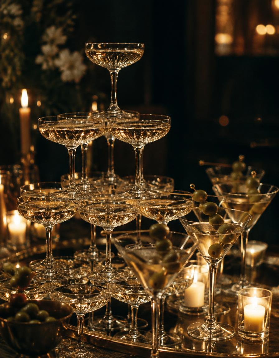 Champagne tower of coupes and martini glasses with green olives