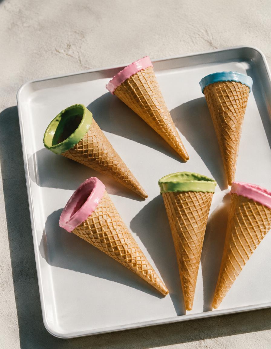 Tray of cones with pastel dipped rims in hard sunlight