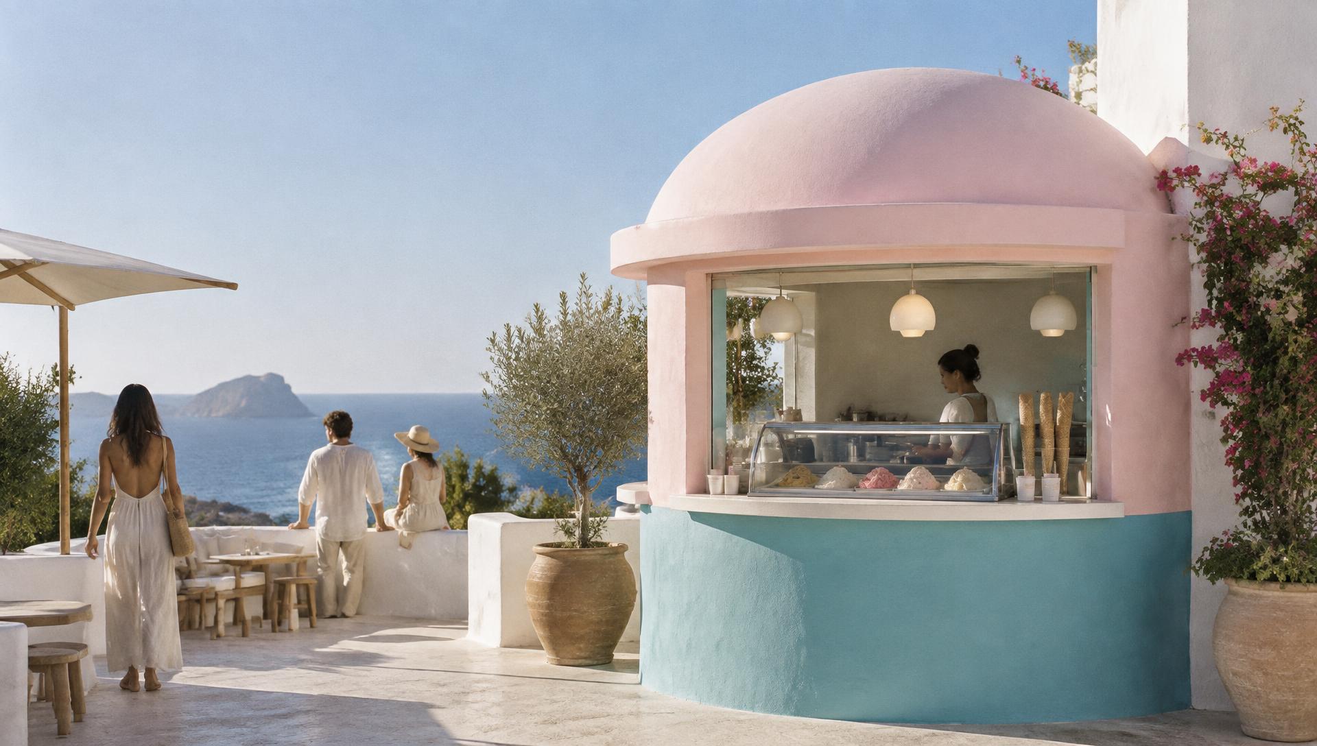 Pink and cyan ice cream kiosk on a whitewashed Ibiza terrace above the sea