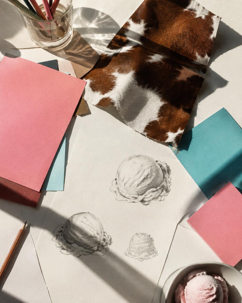 Moodboard with pink and cyan swatches, cowhide fabric and ice cream sketches