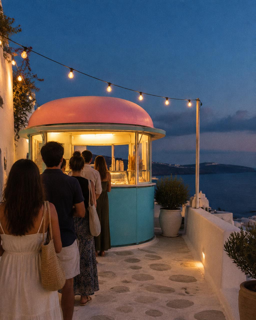 The kiosk at dusk with string lights and a small crowd